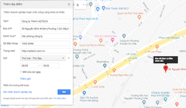 Đưa doanh nghiệp lên Google map, nhập thông tin